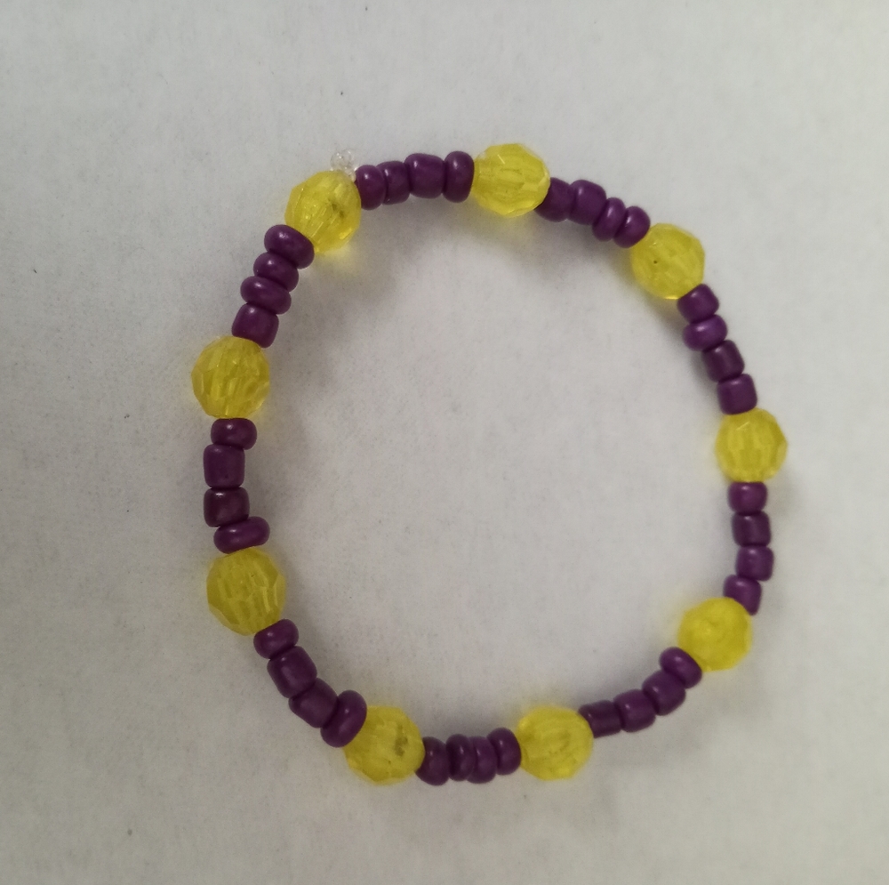 Neon yellow crystal and purple beaded stretch statement bracelet Handmade